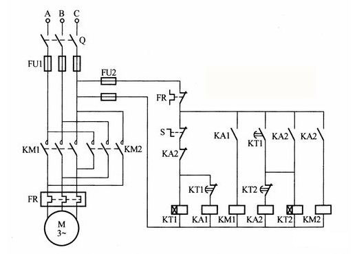 電動機(jī)正反轉(zhuǎn)糾偏(時間繼電器)控制電路接線圖